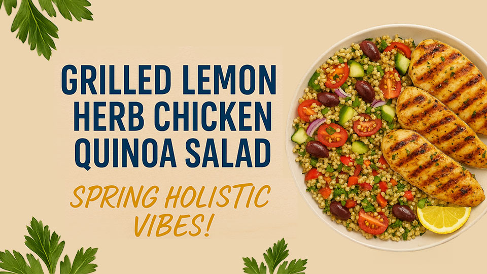 text that reads: grilled lemon herb chicken quinoa salad