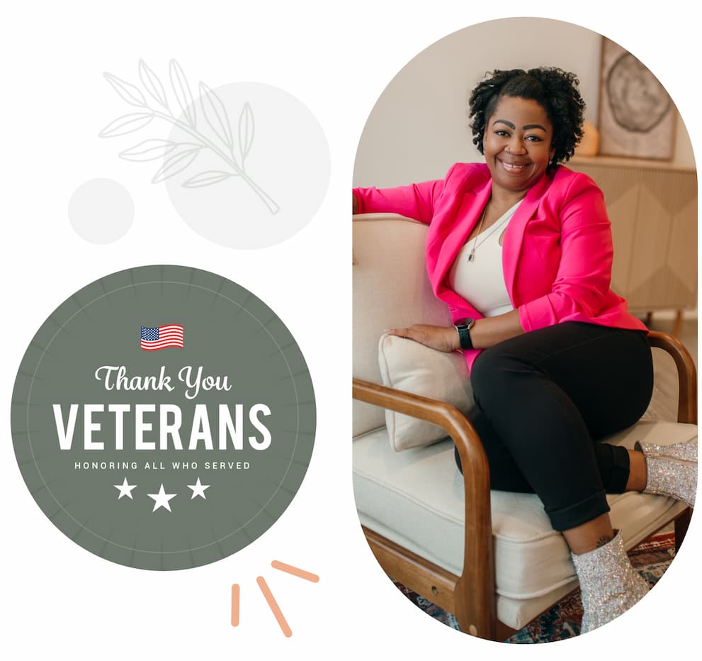 kiara on couch next and text that reads thank you veterans