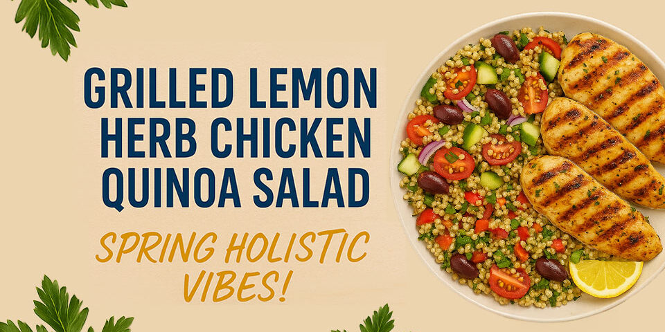 text that reads: grilled lemon herb chicken quinoa salad